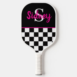 Raquette De Pickleball Nom Monogramme Rose Néon Damier Rétro