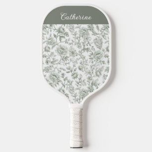 Raquette De Pickleball Nom Monogramme Toile Vintage Florale Vert Sauge