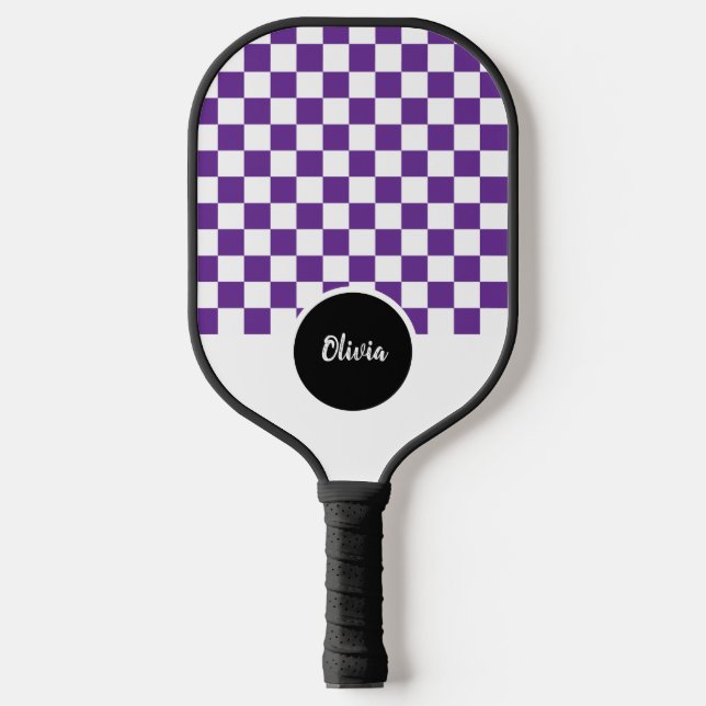 Raquette De Pickleball Nom personnalisé Motif Checker violet et blanc (Recto)