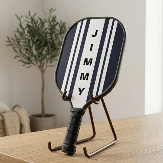 Raquette De Pickleball Nom personnalisé rayures bleu marine (Créateur téléchargé)