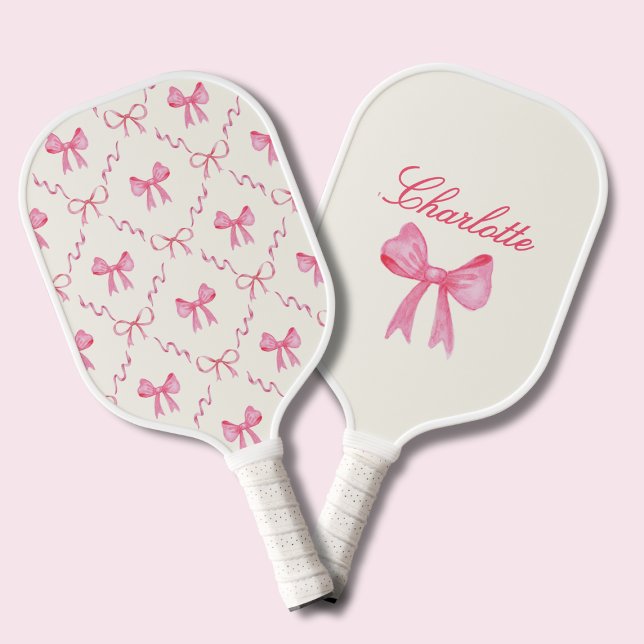 Raquette De Pickleball Nom personnalisé Ruban Coquette Rose (sweet coquette pink bows pickleball paddle with custom name, cute gift for pickleball player)