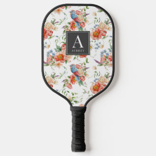 Raquette De Pickleball Oiseau bleu et motif floral rose