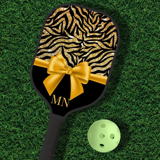 Raquette De Pickleball Ombre Parties scintillant Zebra Gold Bow Monogramm (Créateur téléchargé)