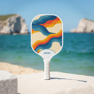 Raquette De Pickleball Orange rétro & les années 70 Bleu Rayures & 90s Sq