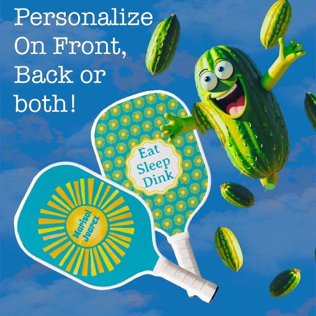 Raquette De Pickleball Pagaie de Pickleball Bleu des Caraïbes Jaune (Personalize both sides of this Caribbean Blue and golden retro sun designs with name or message!)