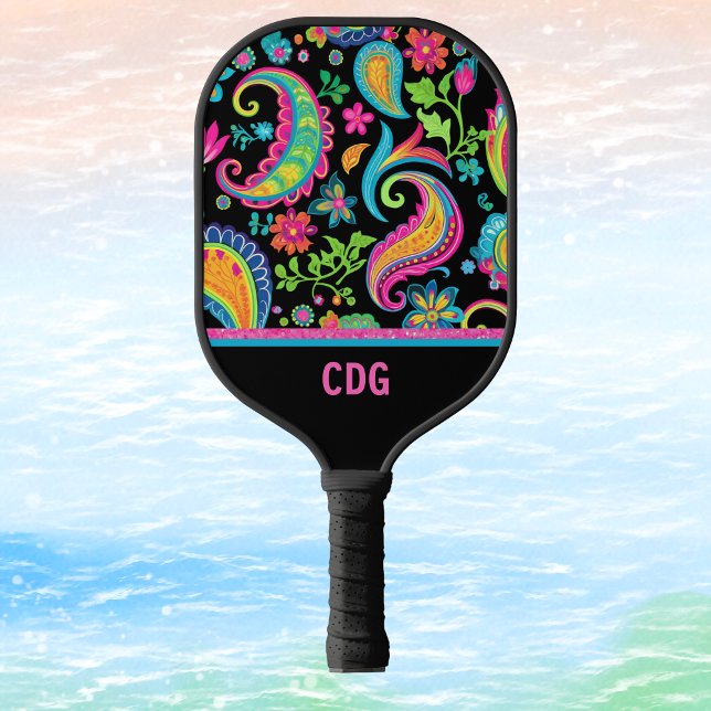 Raquette De Pickleball Paisley tropicale et motif floral avec Monogramme (Créateur téléchargé)