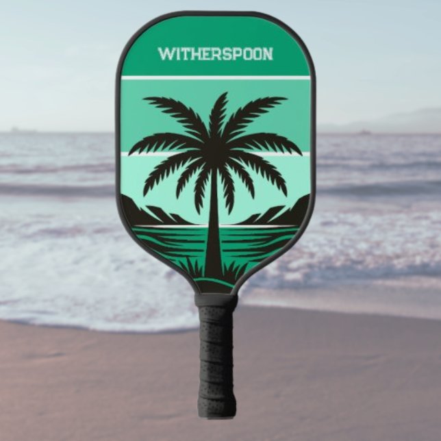 Raquette De Pickleball Palm Tree Silhouette Tropical Green Monogram (Créateur téléchargé)