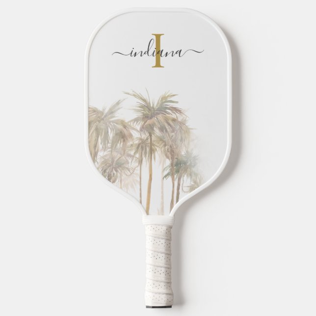 Raquette De Pickleball Palm Trees Tropical Monogramme Nom Script (Recto)
