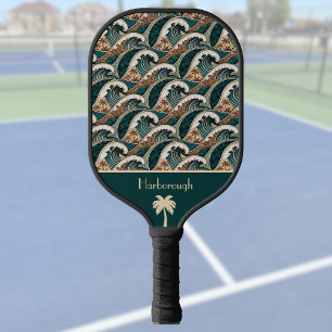 Raquette De Pickleball Palmiers Vagues Polynésiens Monogramme Vintage Pla