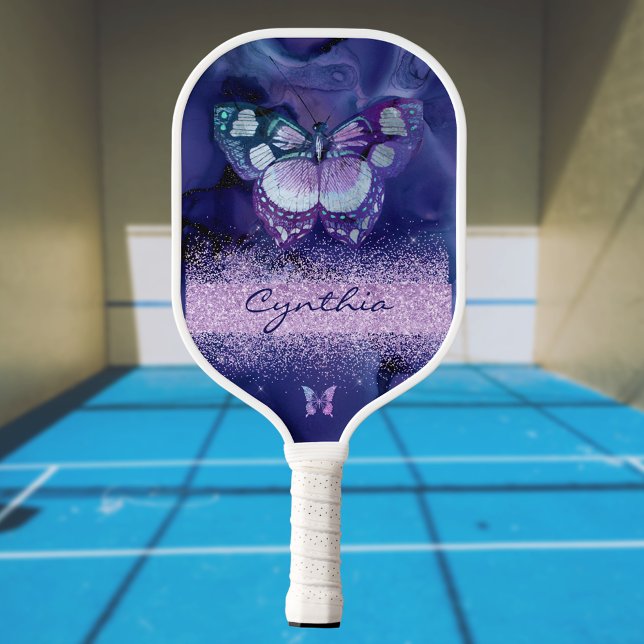 Raquette De Pickleball Papillon bleu violet et Parties scintillant Nom du (Créateur téléchargé)