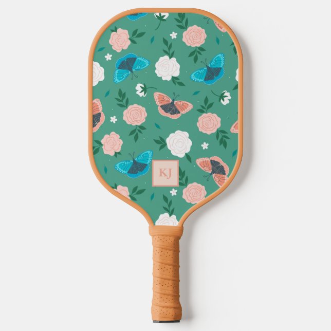 Raquette De Pickleball Papillons mignons et Rose Monogramme (Recto)
