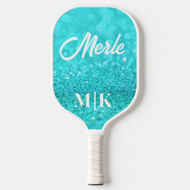 Raquette De Pickleball Parties scintillant Aqua personnalisée Monogramme (Recto)