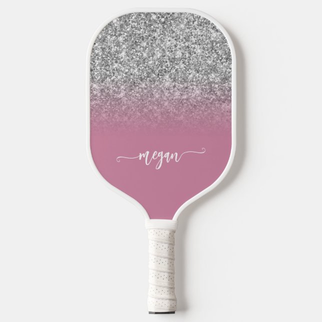 Raquette De Pickleball Parties scintillant argent Dusty rose Ombre Script (Recto)