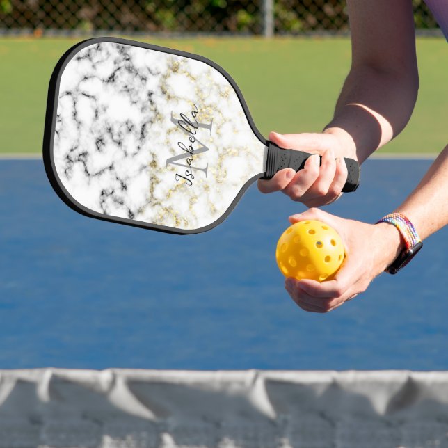 Raquette De Pickleball Parties scintillant brillante en marbre blanc noir (Insitu)