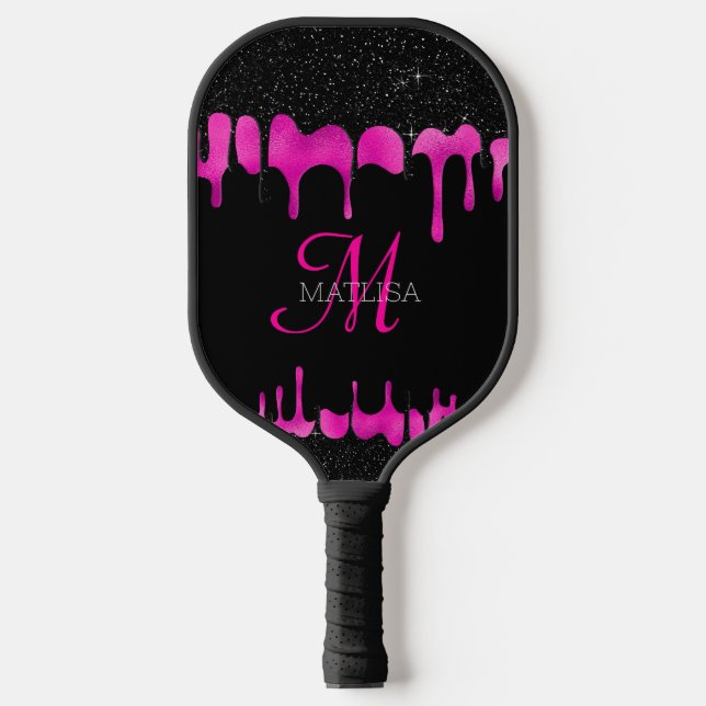 Raquette De Pickleball Parties scintillant de séchage rose chaud noir Nom (Recto)