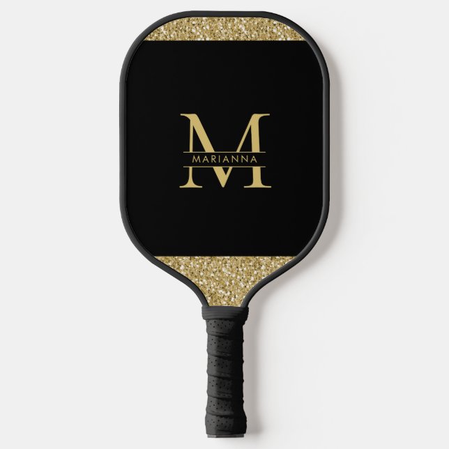 Raquette De Pickleball Parties scintillant d'or noir Élégant Monogramme P (Recto)