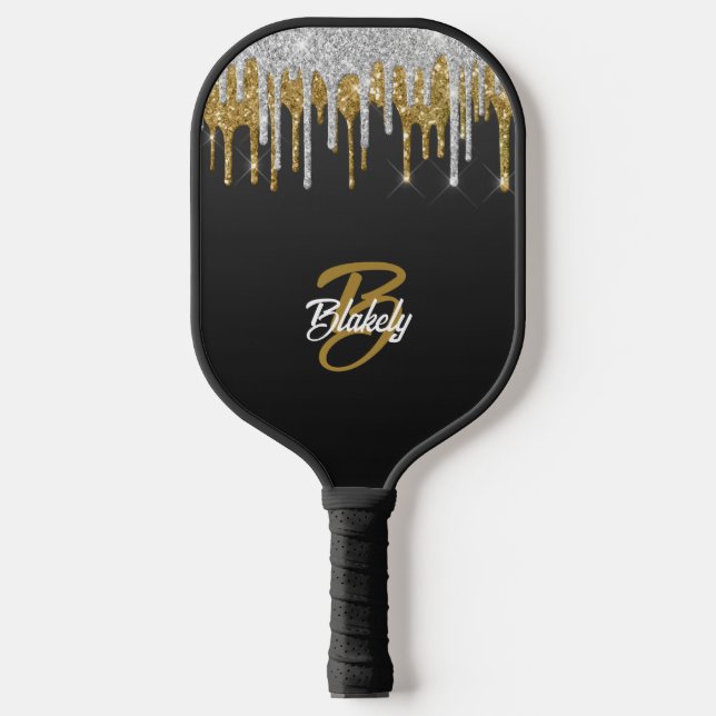 Raquette De Pickleball Parties scintillant or argent goutte Monogramme Éc (Recto)