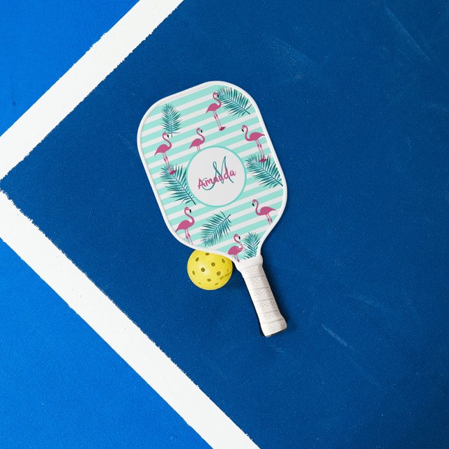 Raquette De Pickleball Paume flamand rose vert rayures feuille (Créateur téléchargé)