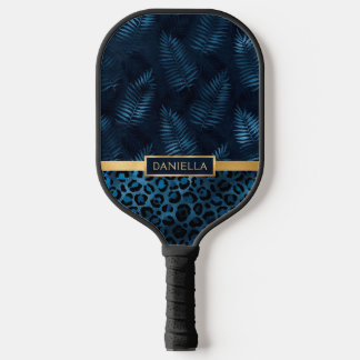 Raquette De Pickleball Personalized Blue Leopard Print Tropical Floral