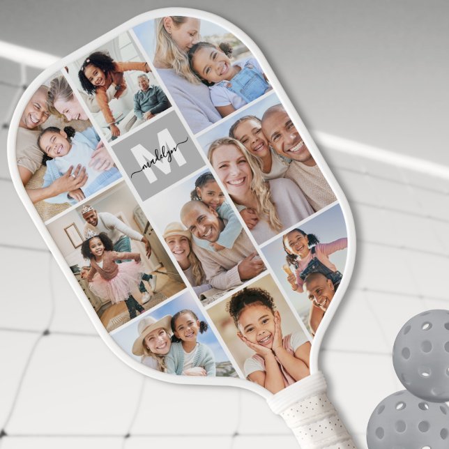 Raquette De Pickleball Photo Collage simple Monogramme (Photo Collage Simple Monogram Picture Pickleball Paddle)