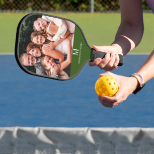 Raquette De Pickleball Photo personnalisée moderne Monogramme Nom Forêt V