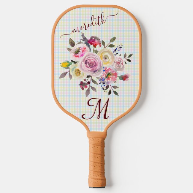 Raquette De Pickleball Pickleball Gal : Fleurs Plaid Monogramme Nom (Recto)