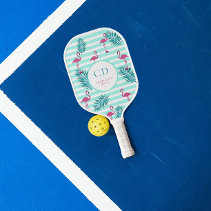 Raquette De Pickleball Pink flamingo menthe vert rayures palmier nom feui