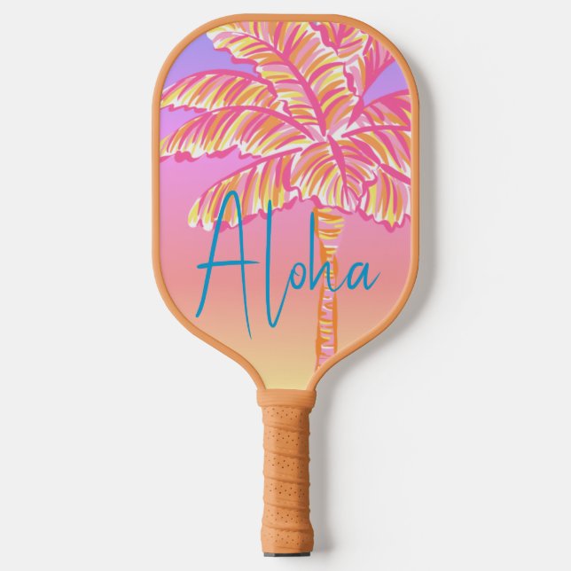 Raquette De Pickleball Pink Tropical Coucher de soleil Palm Tree Aloha Ex (Recto)