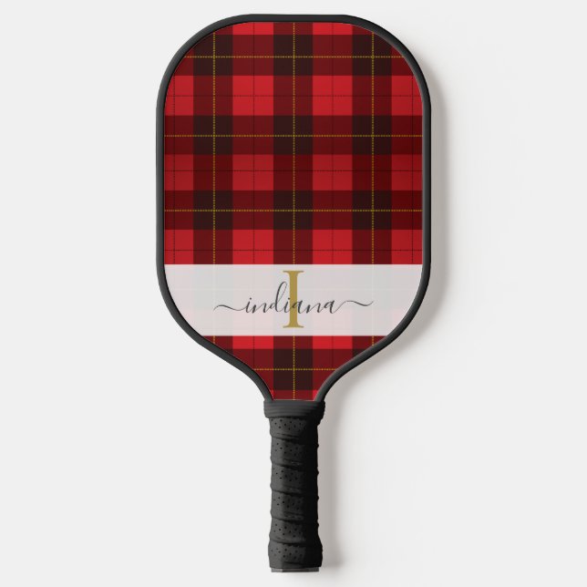 Raquette De Pickleball Plaid Tartan Vert Nom Script Monogramme (Recto)