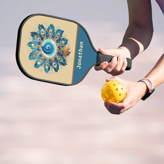 Raquette De Pickleball Plumes rétro bleu et pêche Mandala Monogramme (Créateur téléchargé)