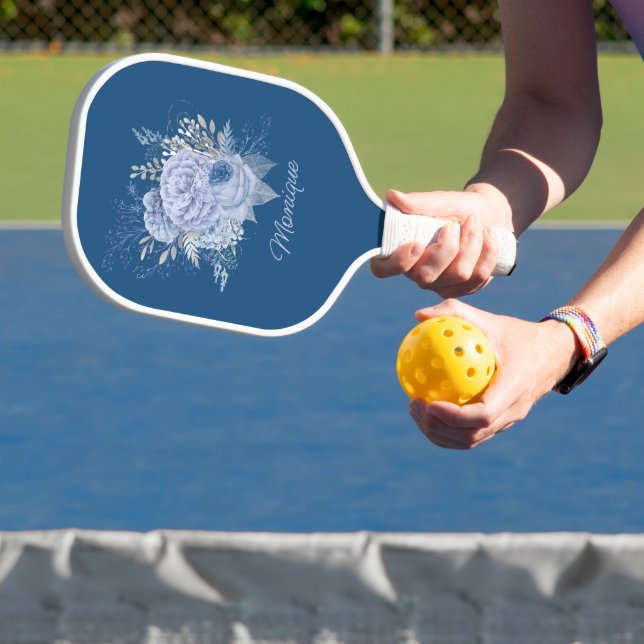 Raquette De Pickleball Plutôt bleu et argent Floral Personnalisé (Insitu)