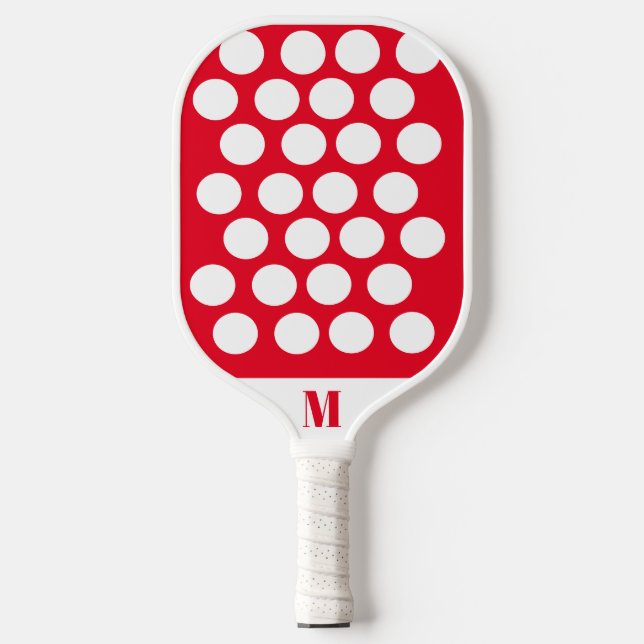 Raquette De Pickleball Polka Dot Rouge et blanc Monogramme moderne (Recto)