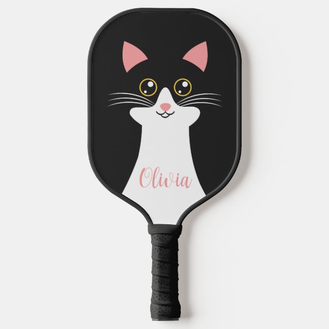 Raquette De Pickleball Portrait de chat noir mignon du milieu du siècle (Recto)