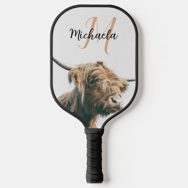 Raquette De Pickleball Portrait de vache Highland nom personnalisé monogr (Recto)