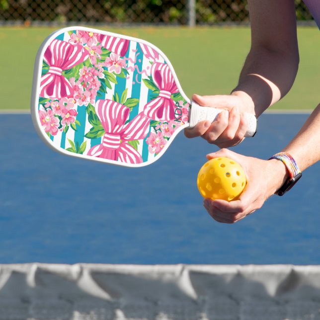 Raquette De Pickleball Preppy Coquette Rose Bows Monogramme (Insitu)