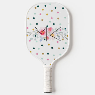 Raquette De Pickleball Rainbow Polka Dot Faux Gold Peony Monogram