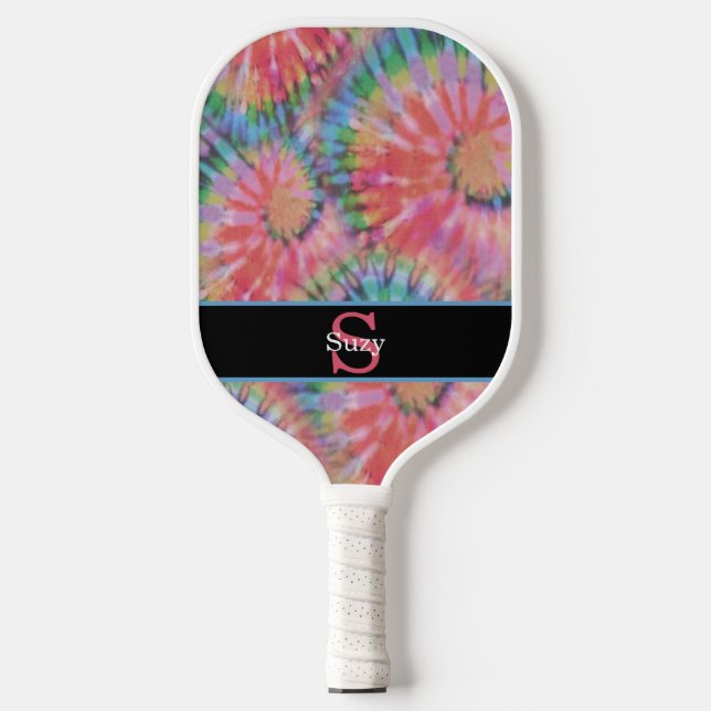 Raquette De Pickleball Rainbow Tie Dye Hippie Motif initial Monogramme (Recto)