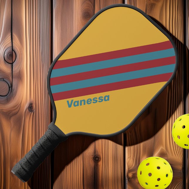 Raquette De Pickleball Rayures à la graine de moutarde rétro avec nom (Créateur téléchargé)