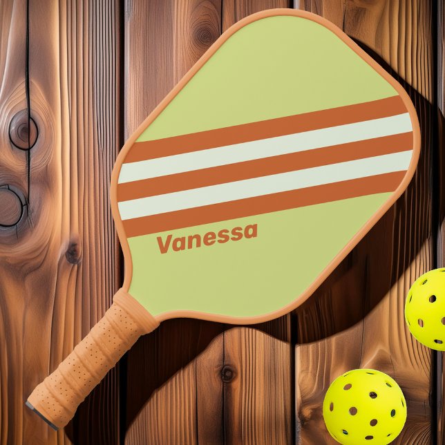 Raquette De Pickleball Rayures de cactus du désert rétro avec nom (Créateur téléchargé)
