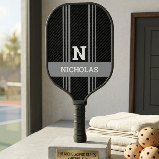 Raquette De Pickleball Rayures grises et noires Monogramme gras et nom