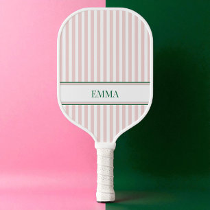Raquette De Pickleball Rayures Modernes Rose et Vert Nom Personnalisé
