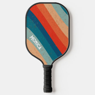 Raquette De Pickleball Rayures Rétro Années 70 Écriture Minimaliste Nom