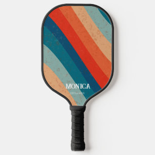 Raquette De Pickleball Rayures Rétro Script Minimaliste Vintage 70s Nom