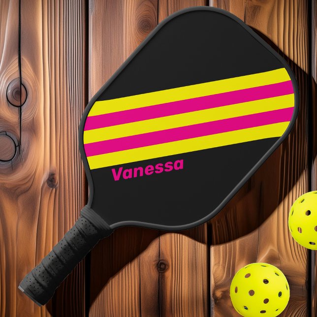 Raquette De Pickleball Rayures rétro Sun Glow avec nom (Créateur téléchargé)