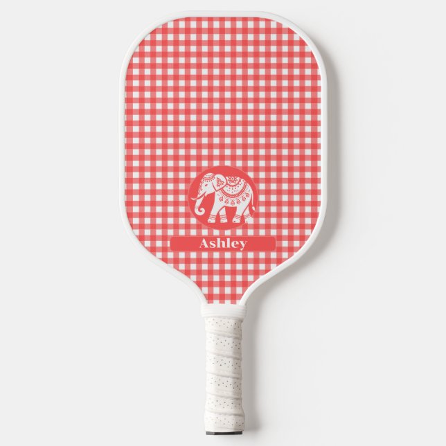 Raquette De Pickleball Red Gingham Plaid with White Elephant and Name (Recto)
