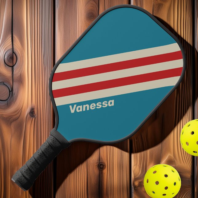 Raquette De Pickleball Rétro Aqua Surf Rayures avec Nom (Créateur téléchargé)