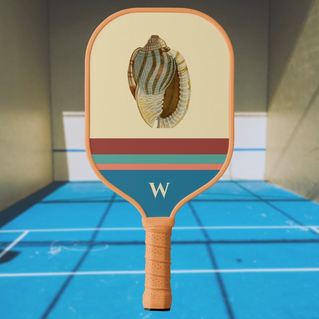 Raquette De Pickleball Retro Beach Stripes Sea Shell et Monogram Initial (Créateur téléchargé)