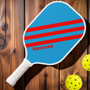Raquette De Pickleball Rétro Électrique Bleu Rouge Trois Bandes avec Nom