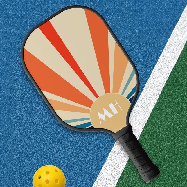 Raquette De Pickleball Retro les années 70 Starburst Sunrise Stripes Mono (Créateur téléchargé)