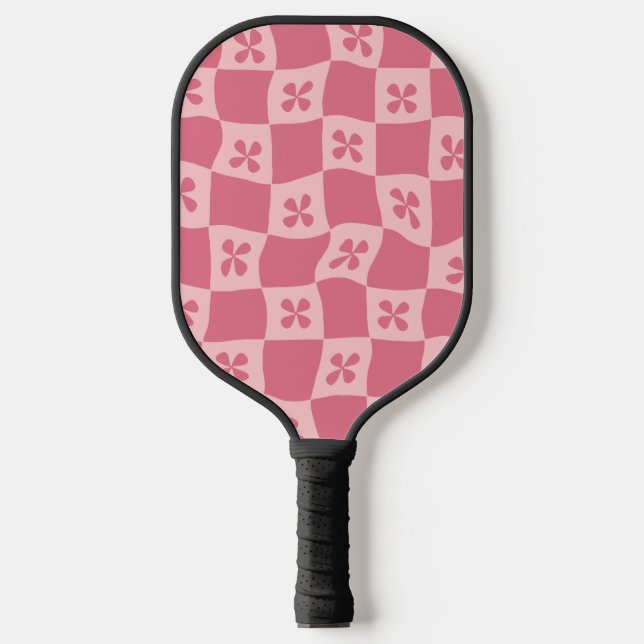 Raquette De Pickleball Retro rose À damiers motif floral (Recto)
